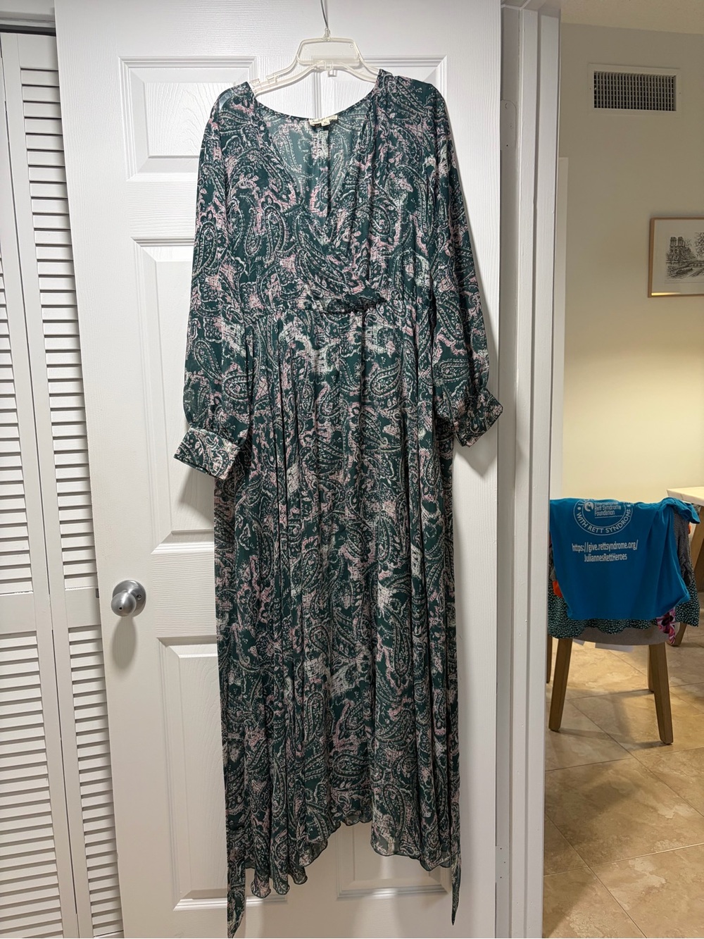 Dark Green Paisley Long Sleeve Maxi Dress with Pink Accents
